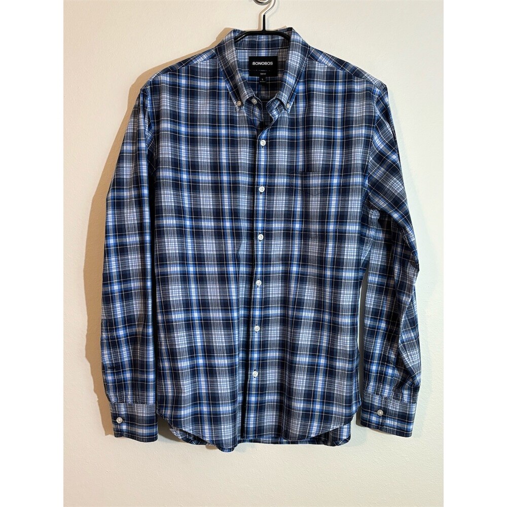 Bonobos Mens L Blue Plaid Slim Fit Long Sleeve Button-Down